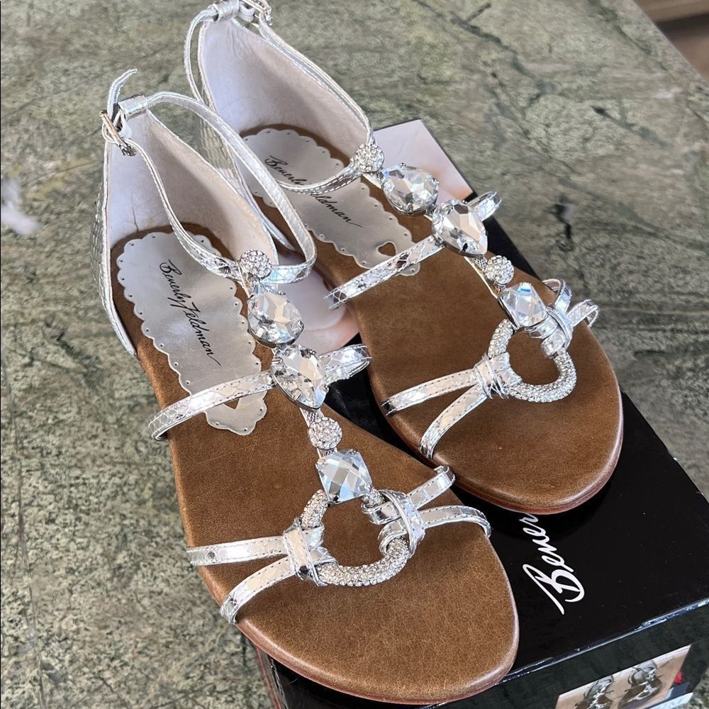 New Beverly Feldman Silver Crystal Embellished Sandals 7.5